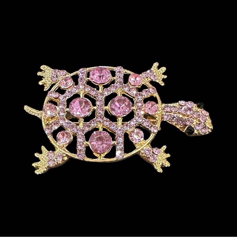 Rhinestone Turtle Brooch Purple Gold Tone